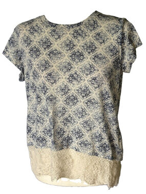 Rewind Boho Lace Hem Top L Blue White Medallion Linen Blend Short Sleeve Blouse